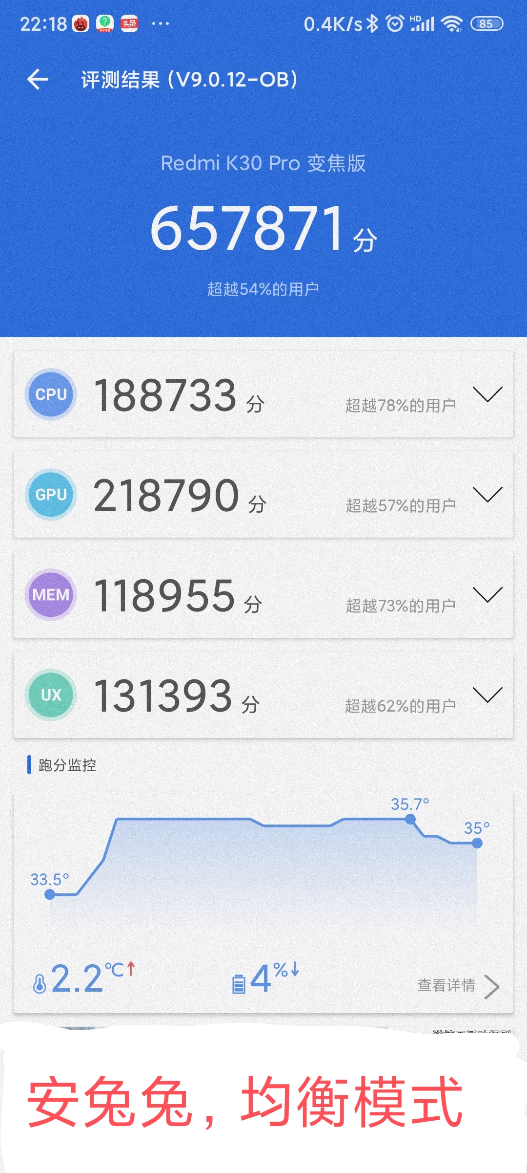 分别在省电、均衡、性能三种电源模式下测试手机的跑分成绩