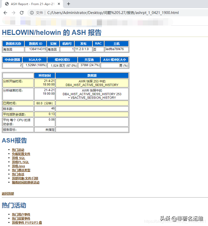 Oracle 11G常见性能诊断报告(AWR/ADDM/ASH)收集