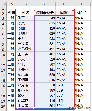 根据所选学生名，Excel 图表会分别动态显示全班成绩和个人成绩