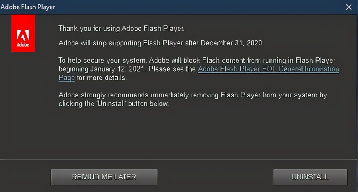 微软宣布将永久删除Flash Player 在下次系统更新