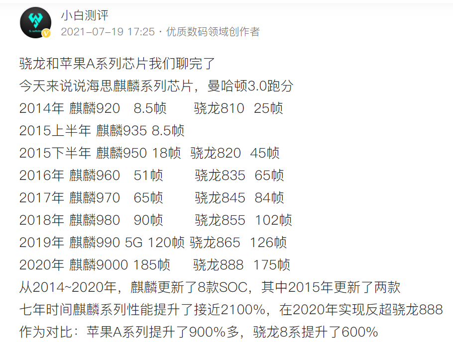 七年时间，华为麒麟性能提升2100%，高通骁龙提升仅600%