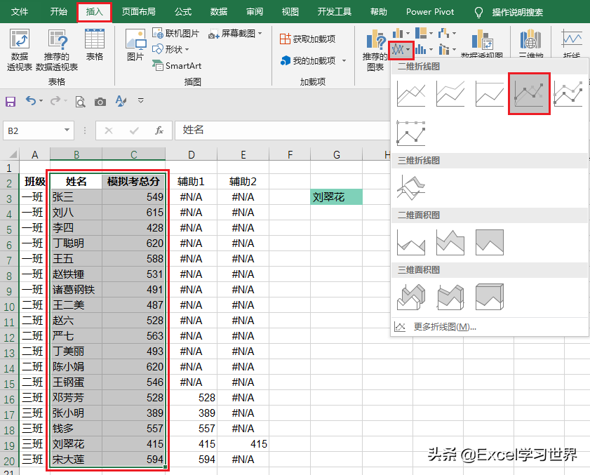 根据所选学生名，Excel 图表会分别动态显示全班成绩和个人成绩