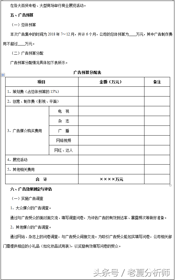 化妆品产品广告策划书、营销目标方案及广告预算分配