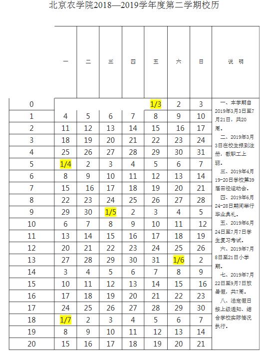 北京农学院2018-2019学年校历安排