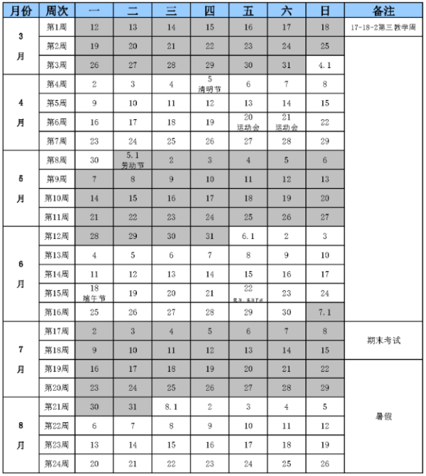 滨州医学院2018校历