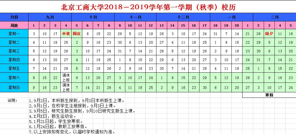 北京工商大学2018-2019学年校历安排