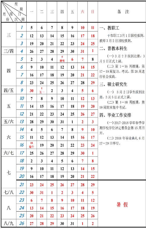 广东财经大学2017-2018学年校历安排