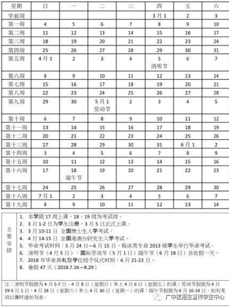 广州中医药大学2017-2018学年校历安排