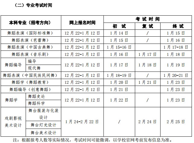 2018年北京舞蹈学院本科艺术校考考试时间安排