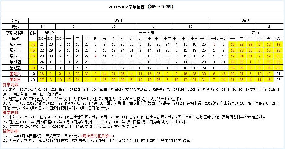 昆明理工大学校历时间安排