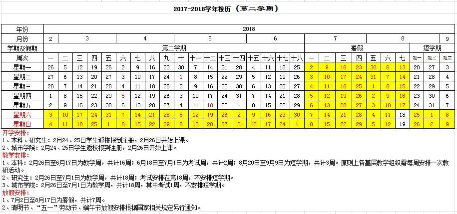 昆明理工大学校历时间安排