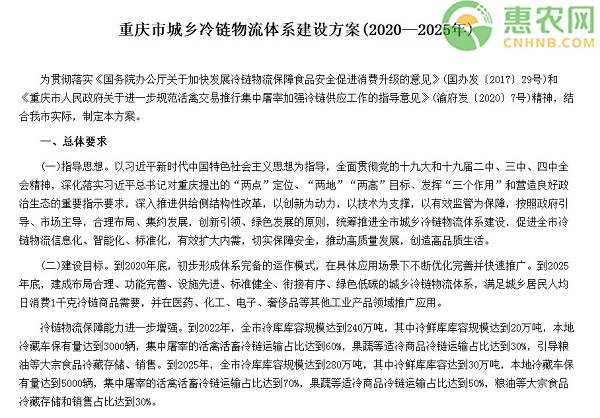 重庆市城乡冷链物流体系建设方案(2020—2025年)