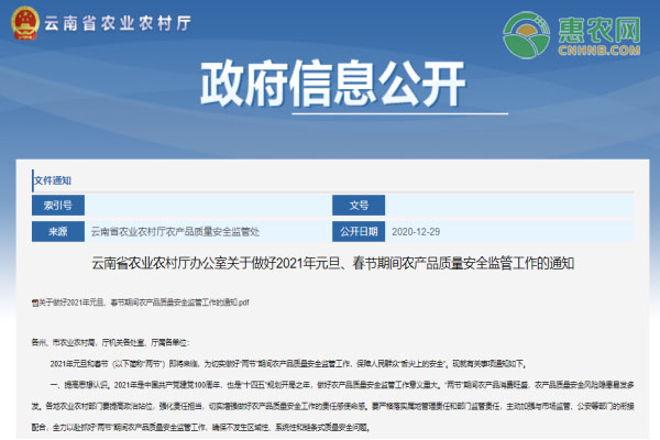云南省农业办公室关于做好2021年元旦、春节期间农产品监管
