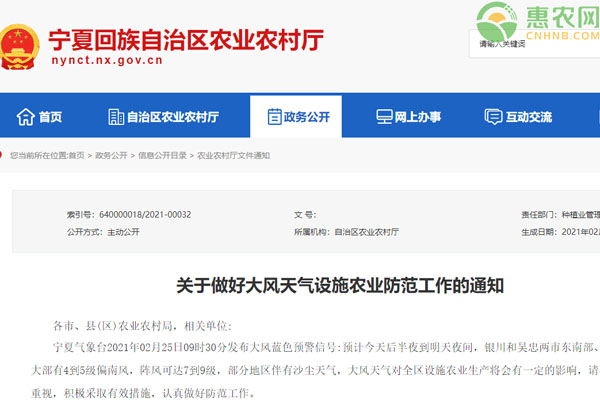 宁夏回族自治区关于做好大风天气设施农业防范工作的通知