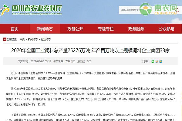 2020年全国工业饲料总产量25276万吨