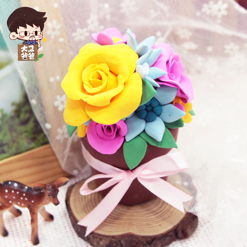 彩泥盆栽花朵作品图片